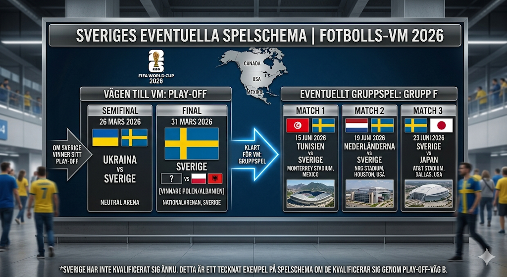 Sveriges eventuella spelschema i Fotbolls VM 2026 med playoff mot Ukraina och gruppspel i grupp F