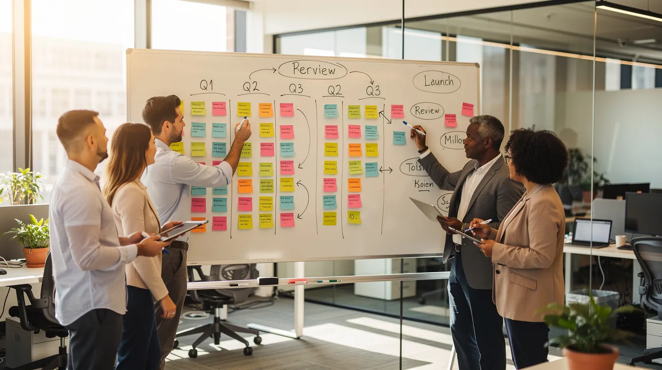 A diverse team is gathered around a large whiteboard in a bright office, brainstorming and discussing their information security management system. The board is filled with colorful sticky notes and timeline markers, indicating their efforts in risk management processes and preparing for ISO 27001 certification.