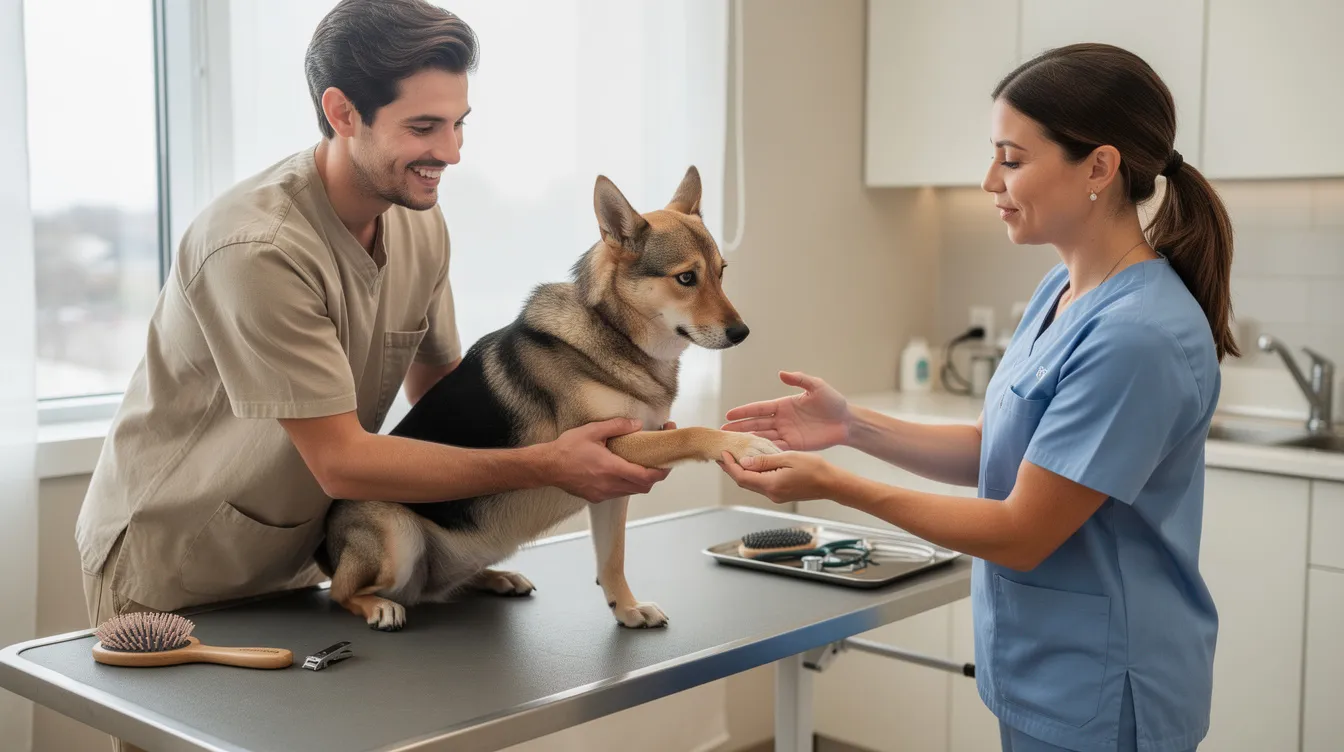 The image depicts a dog calmly participating in cooperative care training, where a trainer gently holds a nail clipper near the dog's paw, reinforcing positive associations with grooming. The environment is stress-free, emphasizing the dog's comfort and well-being during this veterinary procedure.