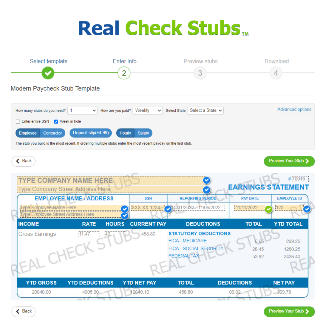 Online Check Stub Maker for your own pay stubs.