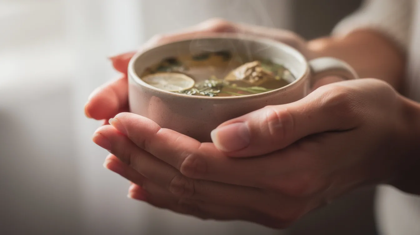 A pair of hands gently cradles a warm mug of herbal tea, symbolizing a moment of comfort and relaxation. This image evokes feelings of emotional healing and body awareness, inviting the viewer to reflect on their own healing journey and the ways in which the body releases trauma.