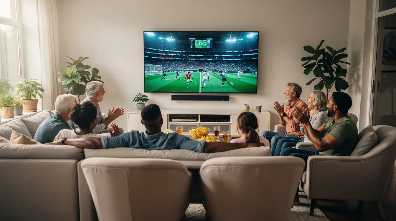 A family is gathered in a bright living room, enjoying a live sports event on a large television, showcasing the excitement of watching live TV channels together. The atmosphere is lively as they engage with the game, highlighting the advantages of IPTV services for streaming sports content.