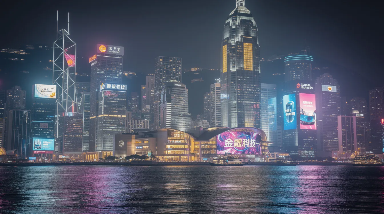 The image showcases the vibrant Hong Kong skyline, featuring modern bank buildings adorned with digital screens displaying financial information. Notable structures like Welab Bank stand out, highlighting the city's blend of finance and technology.