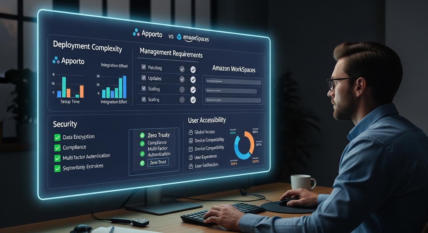 IT administrators evaluating Apporto and Amazon WorkSpaces on a comparison dashboard showing deployment complexity, management requirements, security, and user accessibility.