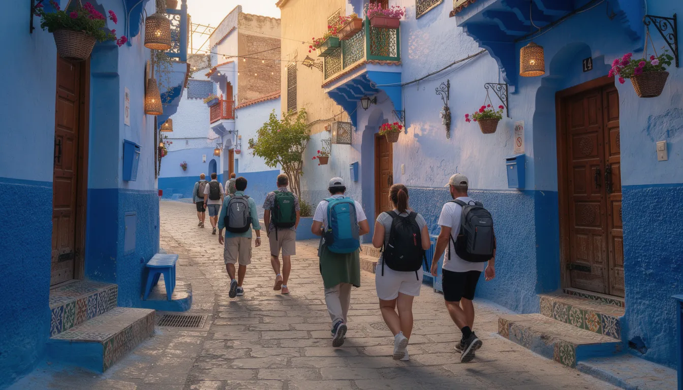 A small group of travelers strolls through narrow, blue-painted streets adorned with traditional Moroccan architecture, showcasing the vibrant culture of Morocco's picturesque cities. This scene captures the essence of a unique Moroccan adventure, inviting visitors to explore the charming walled medina and immerse themselves in the local culture.