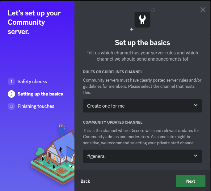 Screenshot showing how to create your rules and community updates channel on Discord