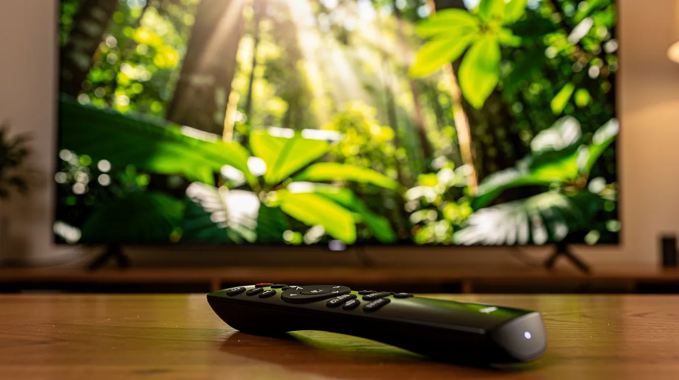 A close-up view of a 4K television screen displaying vibrant nature footage, emphasizing the high picture quality. In the foreground, a streaming remote rests on a table, highlighting the convenience of accessing live TV channels and on-demand content through various IPTV services.