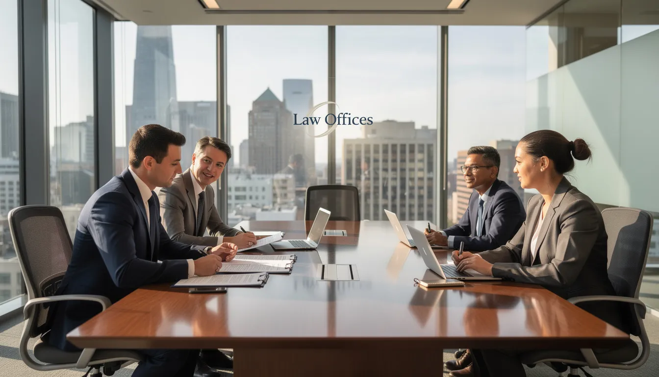 The image depicts a professional meeting in a modern office, where experienced truck accident attorneys are discussing a case with clients. The setting conveys a sense of collaboration and professionalism, essential for navigating truck accident claims and ensuring fair compensation for accident victims.