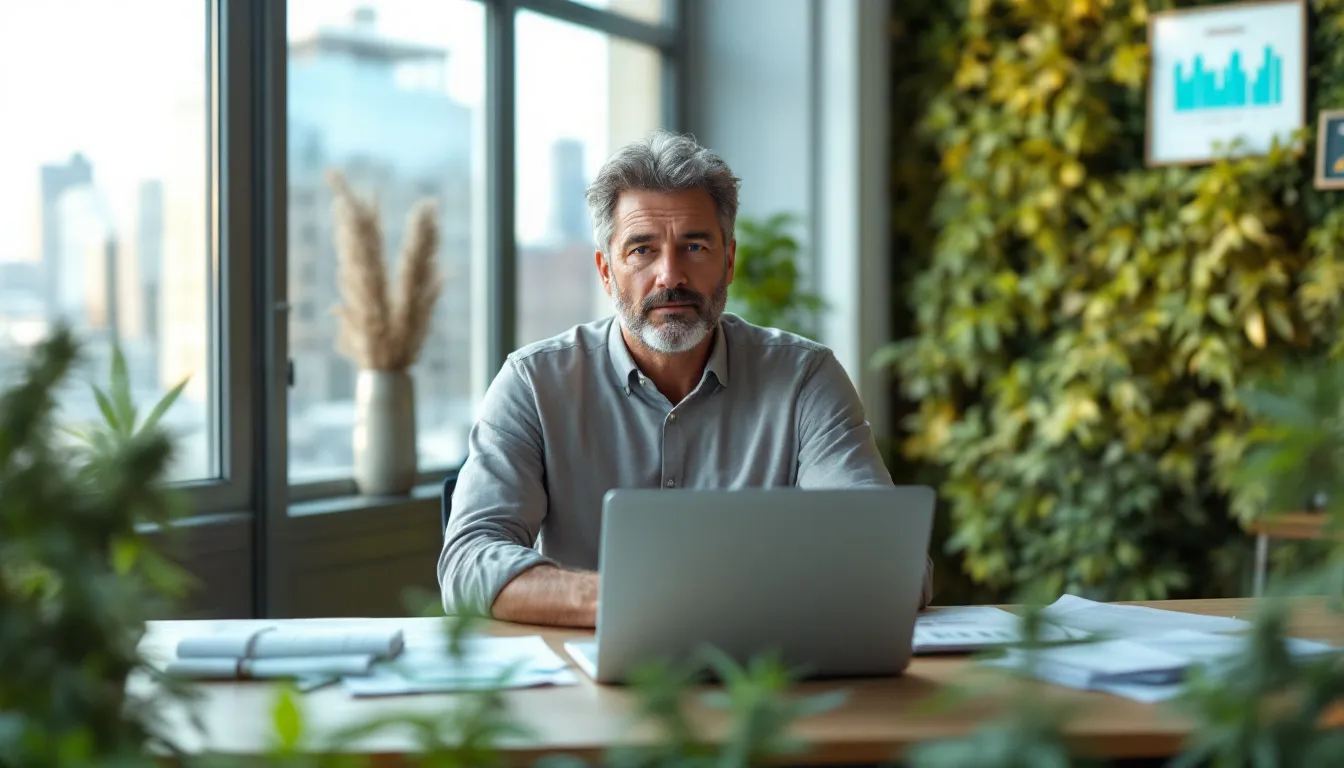 A cannabis dispensary owner is thoughtfully reviewing various business loan options to secure financing for their cannabis business, considering factors like cash flow and the loan process to support growth and expansion. The image captures the owner surrounded by cannabis products and financial documents, reflecting the unique challenges faced by cannabis companies in accessing traditional lending solutions.