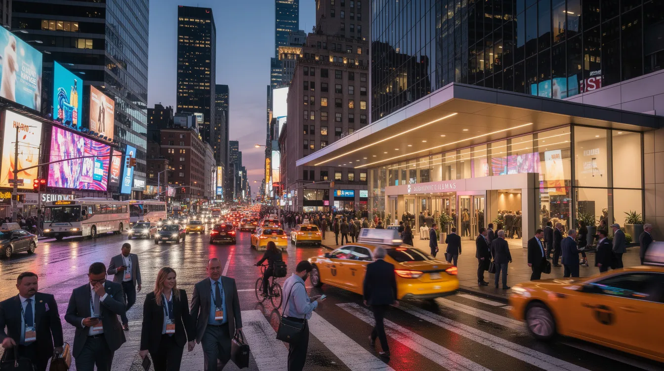 A bustling New York City street at dusk features glowing billboards advertising various brands, with crowds of professionals, including marketers and creatives, walking towards a large event venue for Advertising Week. The scene captures the vibrant energy of networking and creativity in the heart of the city.