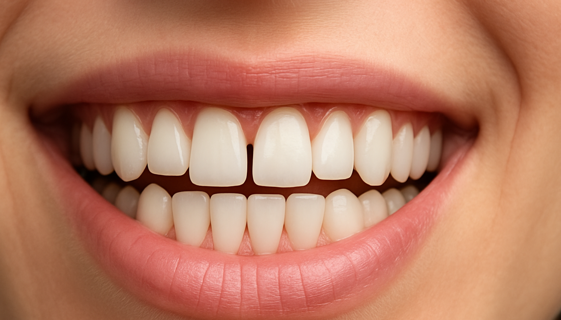 Mellomrom mellom tennene: Estetikk og tannhelse hånd i hånd 10 Nærbilde av smil med små mellomrom mellom fortennene og friske tannkjøtt som viser naturlig tannstilling.
