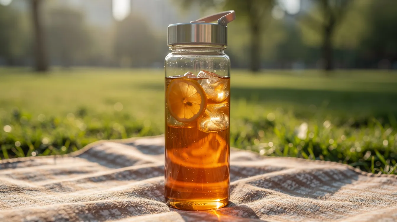 Schłodzony rooibos w butelce na wynos z lodem i cytrusem