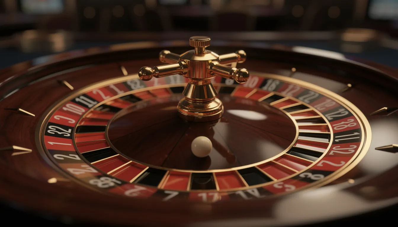 En elegant roulettehjul med röda och svarta fält snurrar i ett livligt casino. Hjulet representerar spänningen och underhållningen hos otto casino, där spelare kan njuta av en fantastisk spelupplevelse.