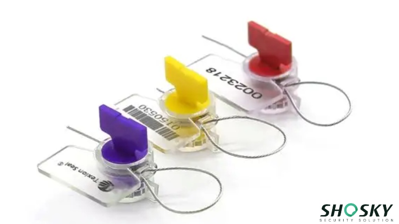 Tamper-evident seals in red, yellow, purple