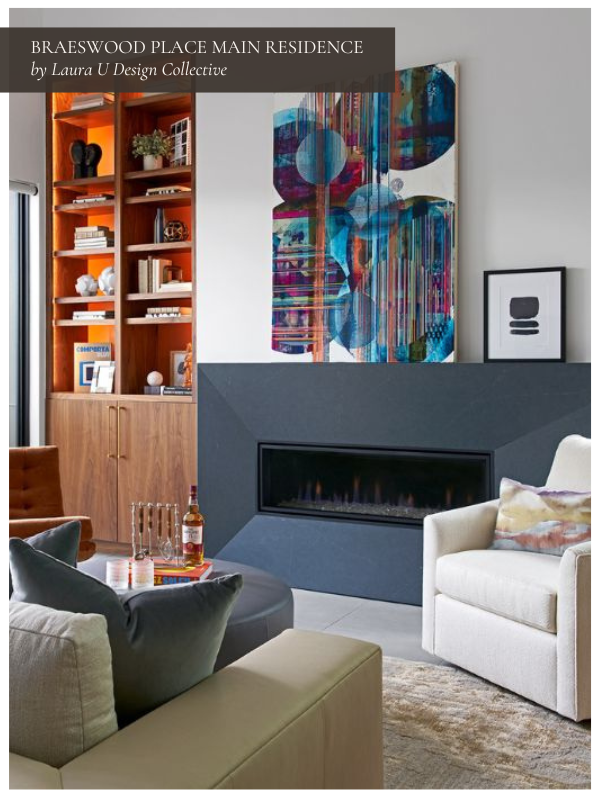 a blue toned fireplace in an orange and beige room