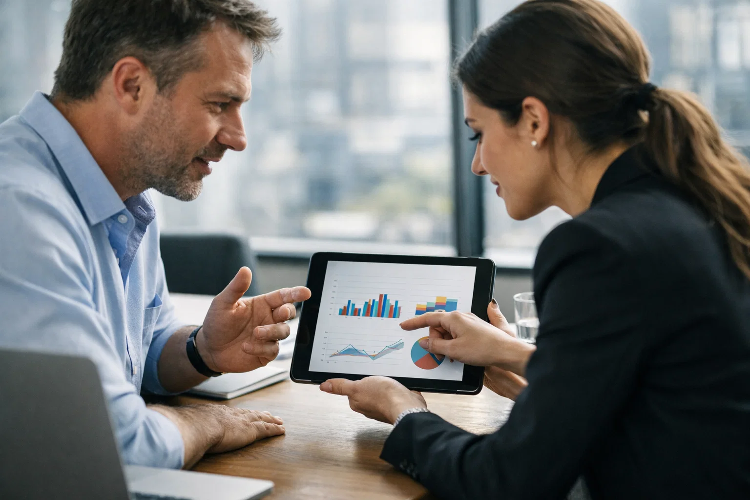 Business meeting discussing Google Ads agency pricing and marketing budget