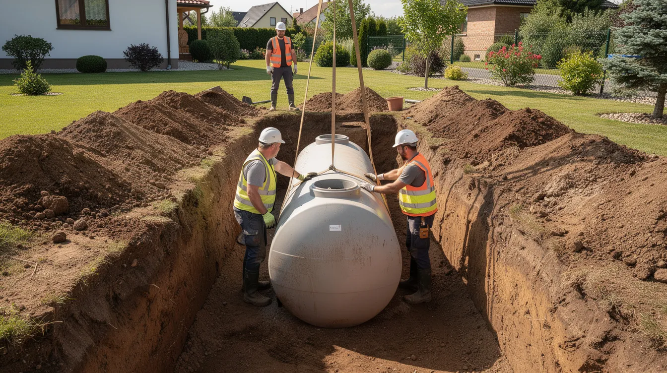 Des travailleurs installent une grande cuve en polyéthylène haute densité dans une tranchée creusée dans un jardin, destinée à la récupération de l'eau de pluie. Cette installation est réalisée pour améliorer le stockage des ressources en eau dans une résidence.