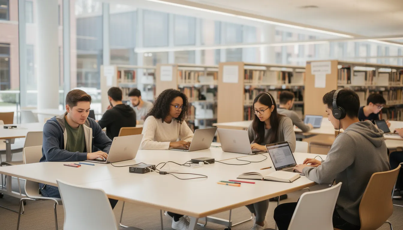 Une bibliothèque universitaire moderne est remplie d'étudiants travaillant sur des ordinateurs, absorbés dans leurs recherches scientifiques et études. Cet espace d'enseignement supérieur en Hongrie offre un cadre propice à l'apprentissage et à l'échange culturel.