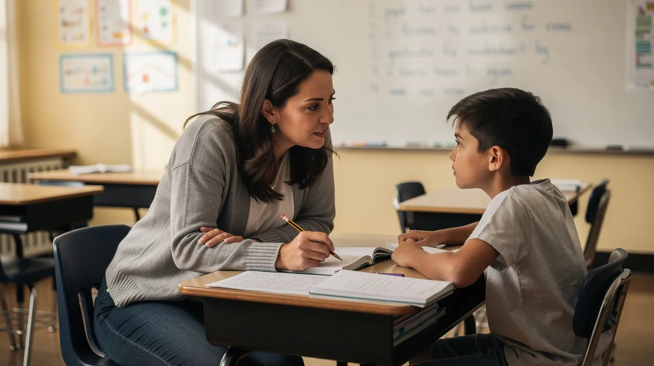 A teacher is kneeling next to a student's desk, providing calm one-on-one support in a classroom setting. This interaction highlights the importance of addressing anxiety symptoms in children, as many children experience excessive anxiety that can affect their learning and memory performance.