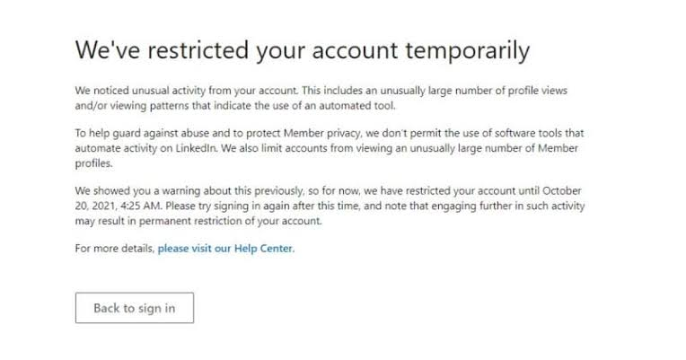 LinkedIn account restriction notification