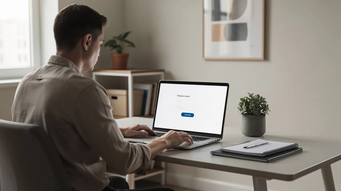6a349eea a84f 4273 bc33 563790cb1450 The image depicts a person sitting at a laptop in a simple home office, focused on filling out an online form related to business financing, possibly for a mudra loan application under the Pradhan Mantri Mudra Yojana. The setting suggests a casual yet productive environment for managing business operations and applying for financial assistance.