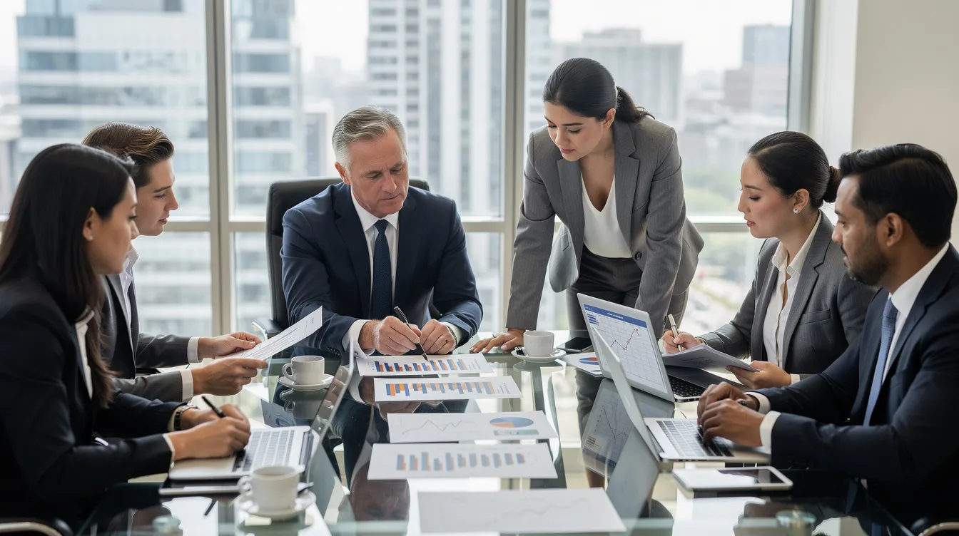 A group of business professionals is gathered around a table, intently reviewing financial reports and discussing payroll data. They are likely exploring payroll software solutions to streamline payroll management for large businesses while ensuring compliance with local labor laws and tax regulations.