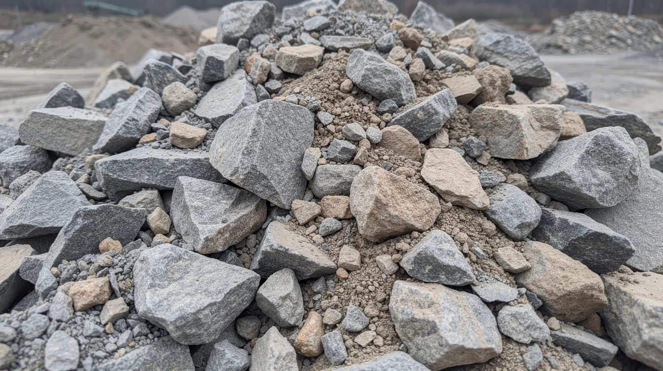 (1 Inch Minus Gravel) A close-up view of angular crushed gravel pieces in various sizes, ranging from coarse rocks to fine dust, is displayed in a pile at a quarry yard. This construction material, often used for gravel driveways and road bases, showcases the differences in texture and size, making it suitable for various projects like retaining walls and pathways. 