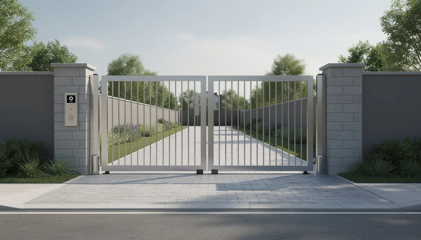 The image depicts a double swing automatic gate with an integrated intercom system, providing secure access at the entrance of a property. This electric gate is designed for convenience and safety, enhancing the overall security of the premises.