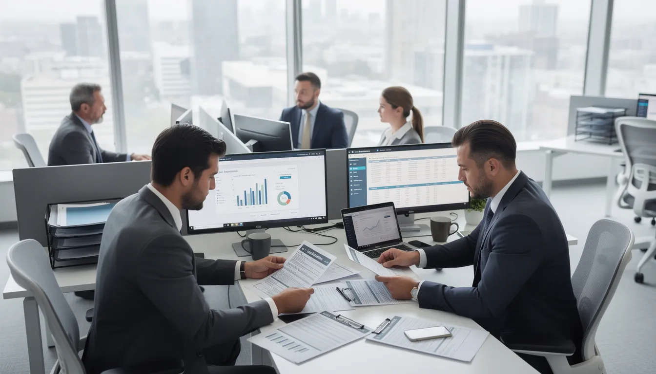 A professional mortgage team is gathered around modern office workstations, diligently reviewing loan applications and analyzing credit reports to assist borrowers in navigating the tough market. They focus on identifying critical financial data, such as credit scores and debt management strategies, to ensure profitable growth for both customers and lenders.