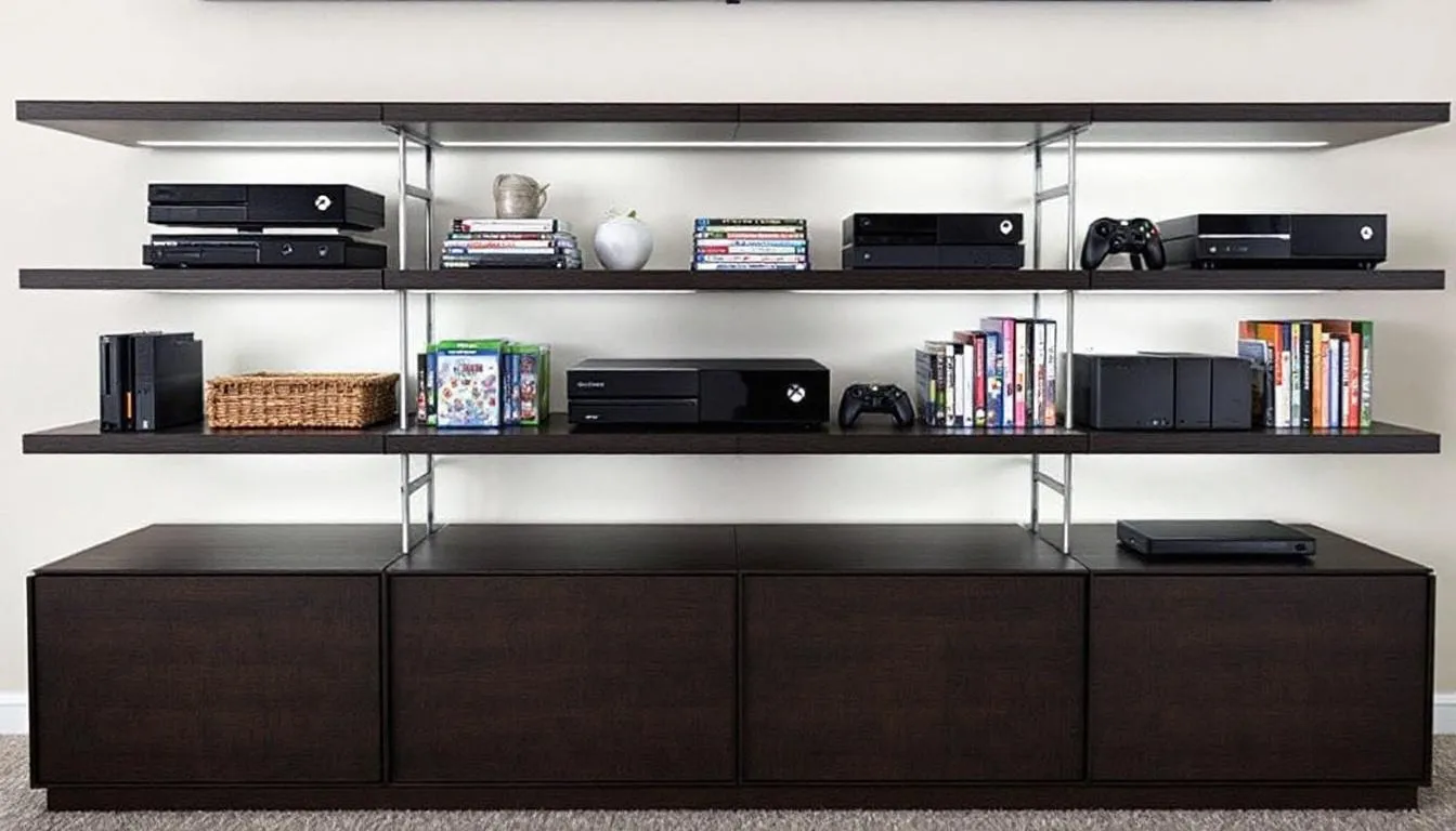 The image features a well-organised entertainment unit showcasing various gaming consoles and media equipment, highlighting quality furniture designed for efficient storage. This modern TV unit is crafted from timber, with a clean aesthetic that enhances any living space.