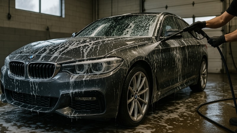 A BMW being washed with mild detergent