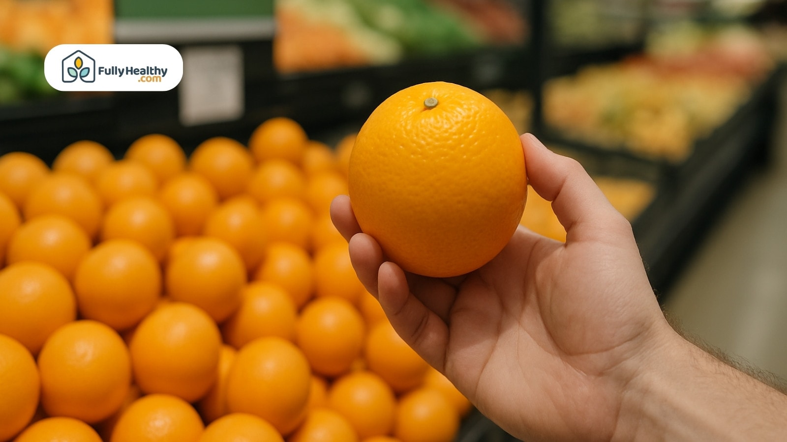 Hand holding fresh orange in grocery store produce section with more oranges behind
