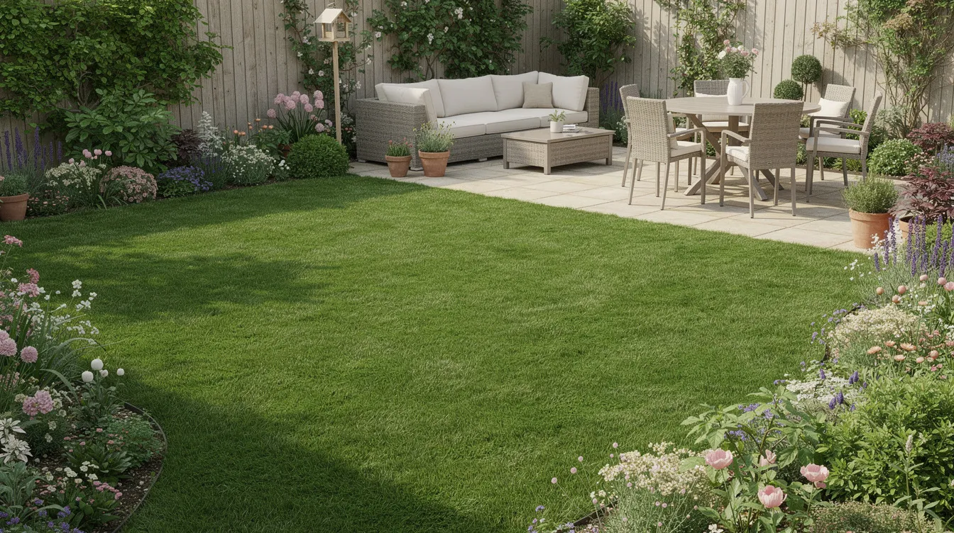 The image depicts a lush green lawn in a well-maintained UK back garden, featuring neatly trimmed grass and a patio area furnished with outdoor furniture. Surrounding the lawn are flower borders, showcasing the vibrant colors of various plants, perfect for family gardens and outdoor relaxation.