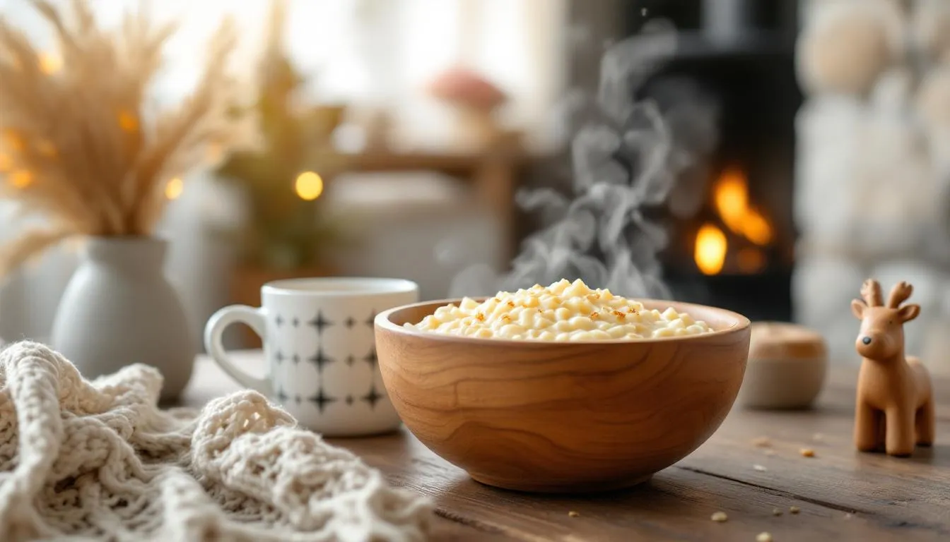 A rustic wooden bowl filled with warm porridge sits beside traditional Scandinavian decorations, including a small Christmas tree and woven elements, creating a cozy indoor atmosphere reminiscent of Nordic folklore and winter solstice celebrations. The scene evokes a sense of family warmth and comfort during the festive season.