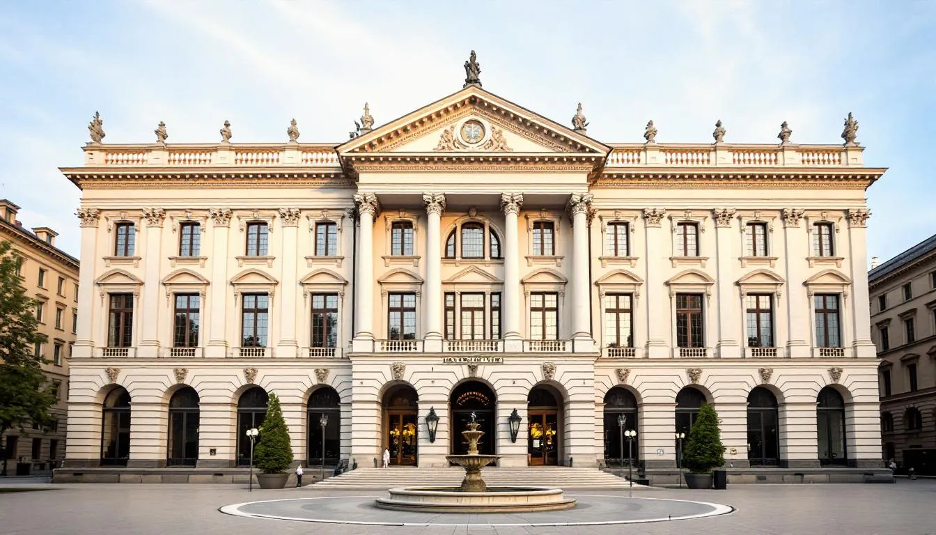 Das Bild zeigt das historische Gebäude des Standesamts Mannheim, das mit seiner klassischen Architektur aus dem 19. Jahrhundert beeindruckt. Die Fassade ist reich verziert und spiegelt die elegante Bauweise der damaligen Zeit wider, ideal für Trauungen und andere wichtige Anlässe in der Stadt Mannheim.