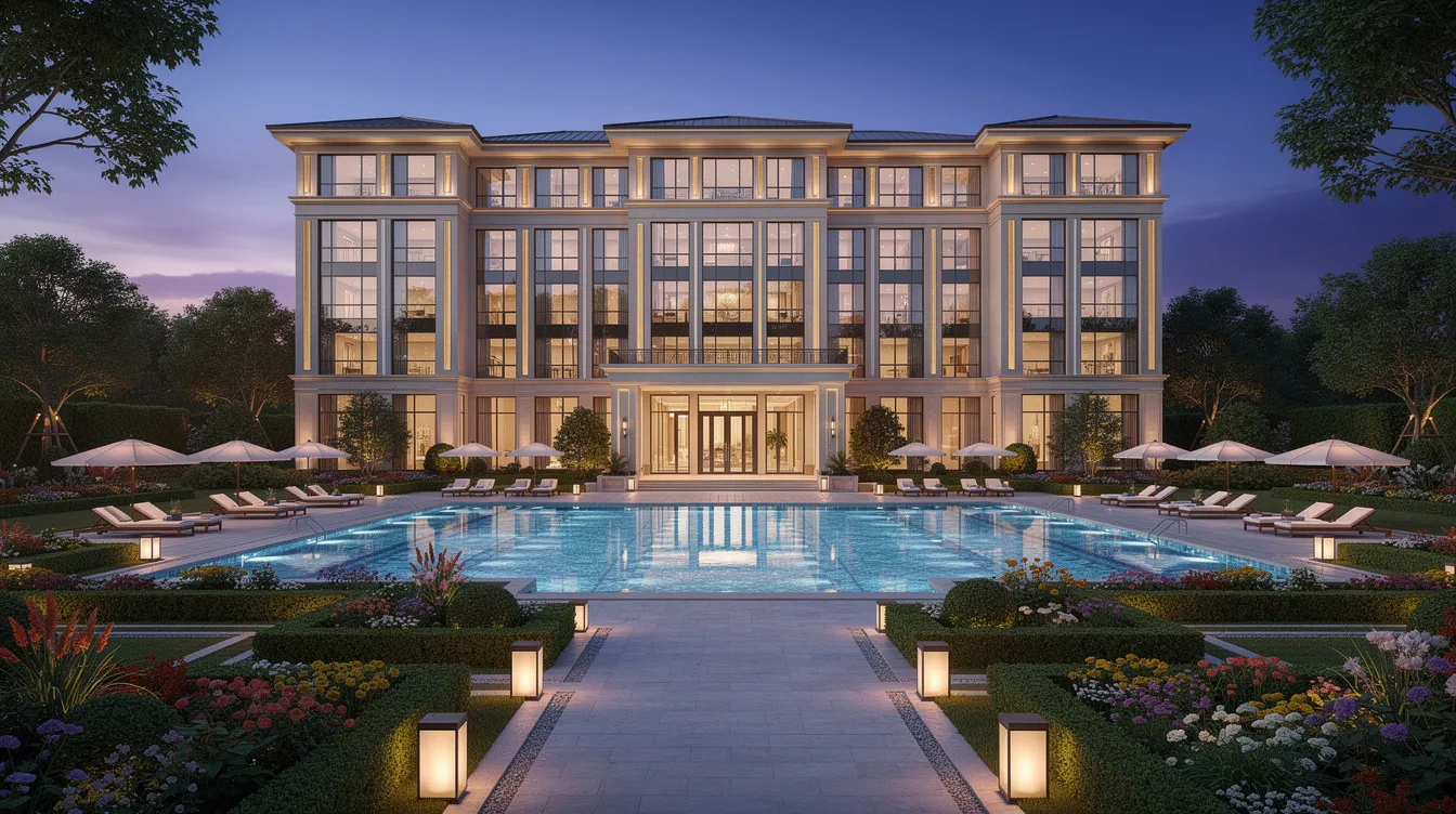 The image depicts a grand luxury hotel exterior surrounded by beautifully manicured gardens and a shimmering swimming pool, all illuminated by the soft glow of dusk. This scene reflects the elegance of the hospitality industry, showcasing a property that could be a prime candidate for hotel financing and business loans to ensure long-term success.