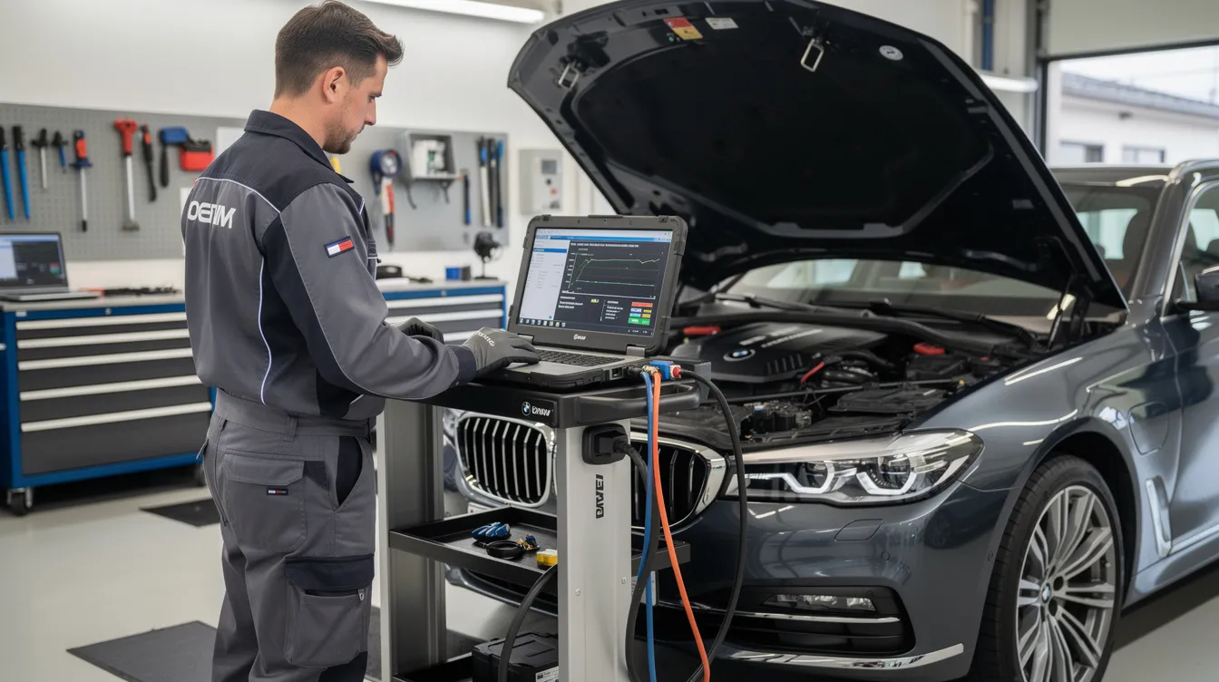 A technician is using specialized BMW diagnostic tools connected to a vehicle's computer system, ensuring optimal performance and reliability for BMW models. This professional service is essential for BMW owners to maintain their cars and address any repairs efficiently.