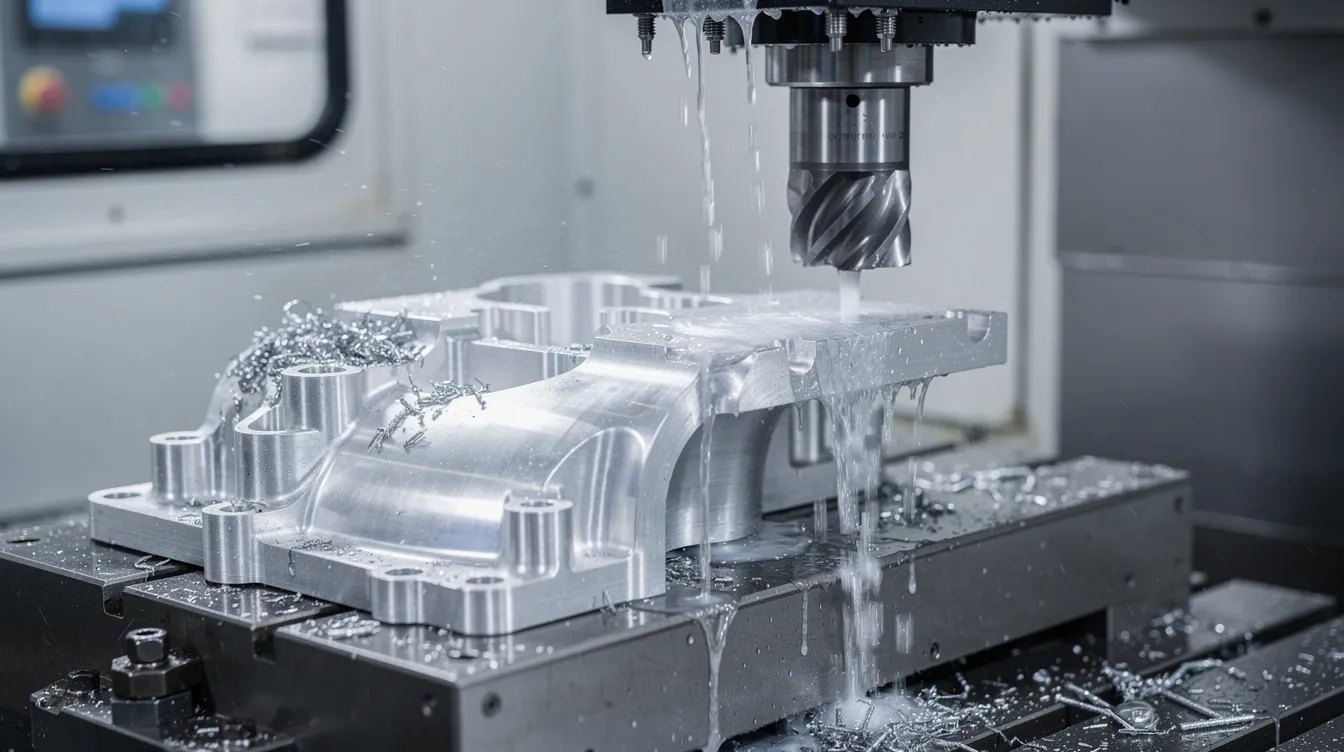 The image shows a close-up of a 5-axis CNC milling machine actively cutting an aluminum aerospace component, with coolant visibly flowing to enhance the machining process. This precision CNC machining operation highlights the advanced technology used in producing complex geometries and tight tolerances for aerospace applications.