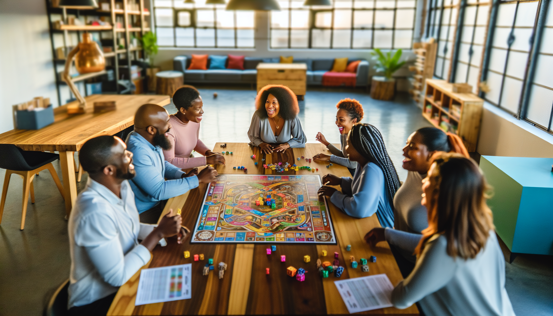 A group of employees playing a custom board game during a team-building activity
