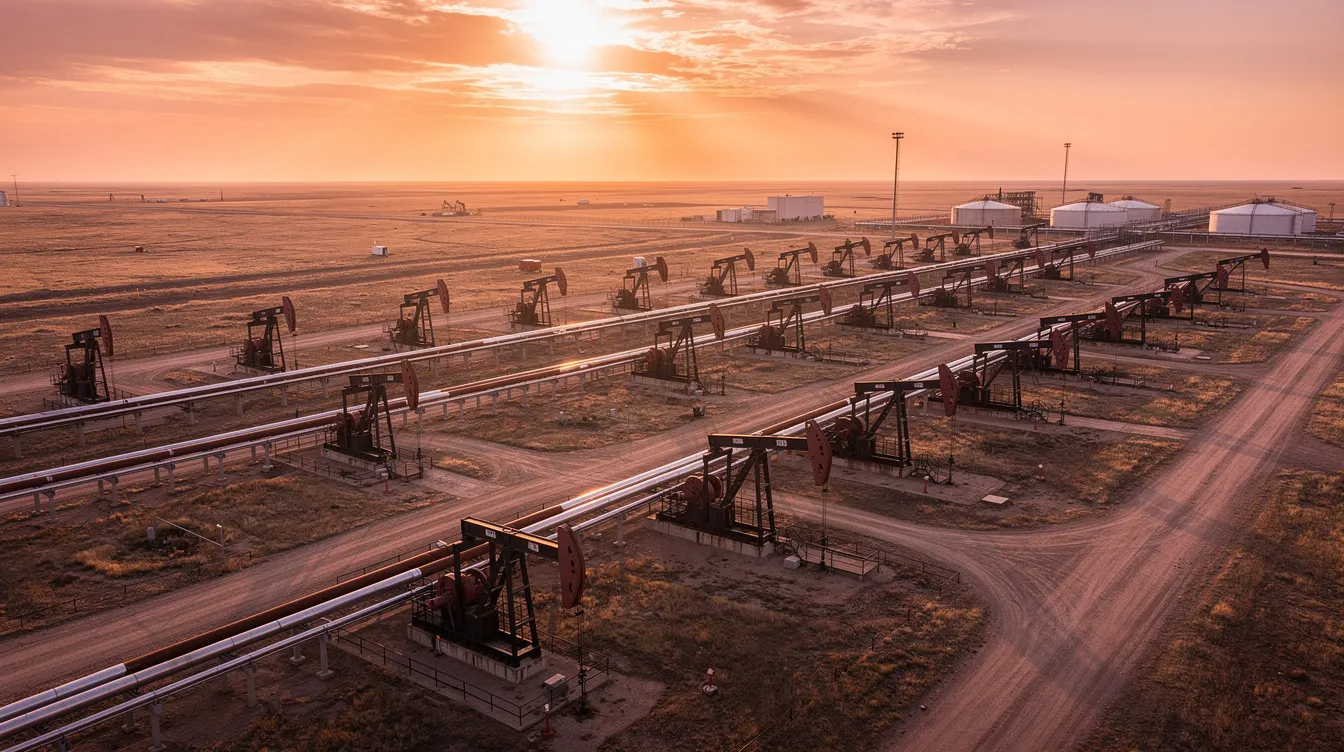 An aerial view captures oil pump jacks and pipeline infrastructure sprawling across an open plain at sunset, highlighting the expansive landscape of the oil and gas industry. This image reflects the energy sector's operations, showcasing the intricate systems that support energy transactions and joint ventures in the field.