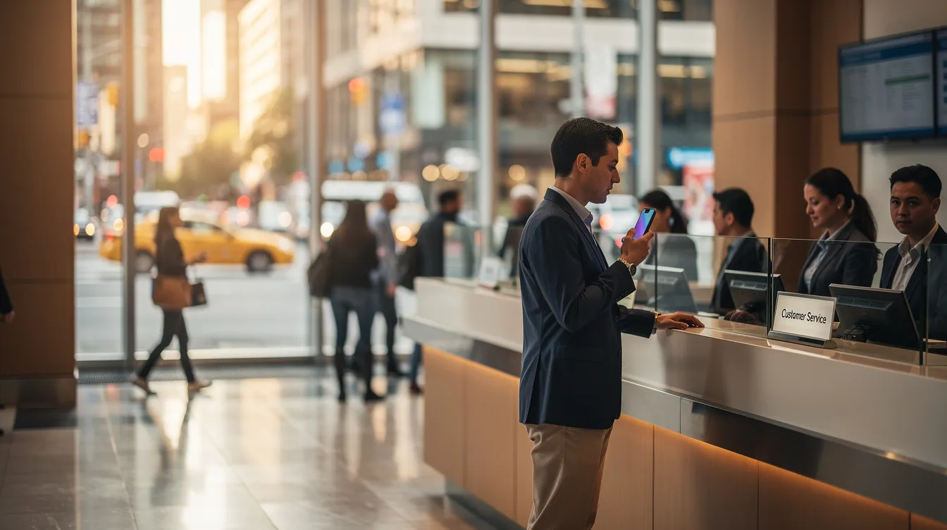 A person stands near a bank counter in a busy city, holding a smartphone, possibly using the Remitly app to send money to Pakistan or check their bank account details. The atmosphere is bustling, reflecting the urgency of online money transfers and bank deposits in urban life.