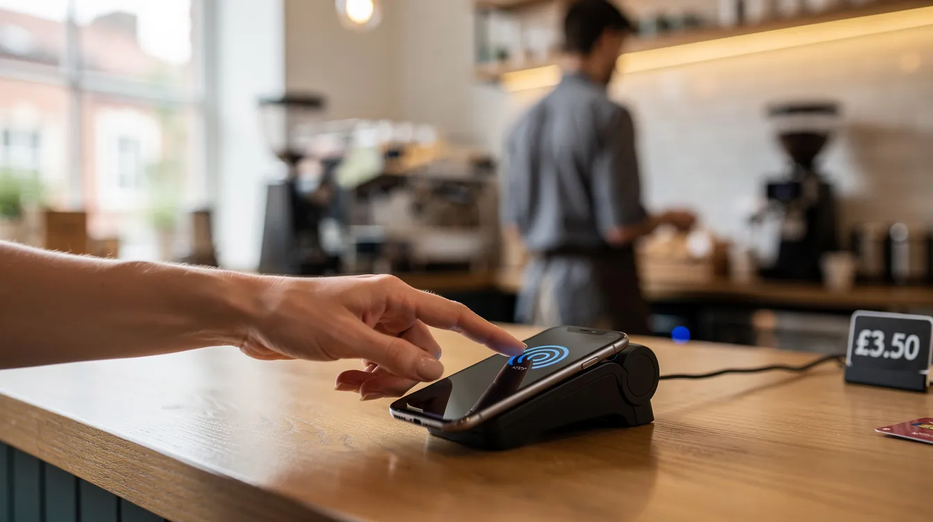 A person is tapping their smartphone on a contactless payment terminal in a UK café, demonstrating the convenience of using a digital wallet for in-store payments. This method allows for quick transactions using services like Apple Pay or Google Pay, enhancing the experience of making contactless payments.
