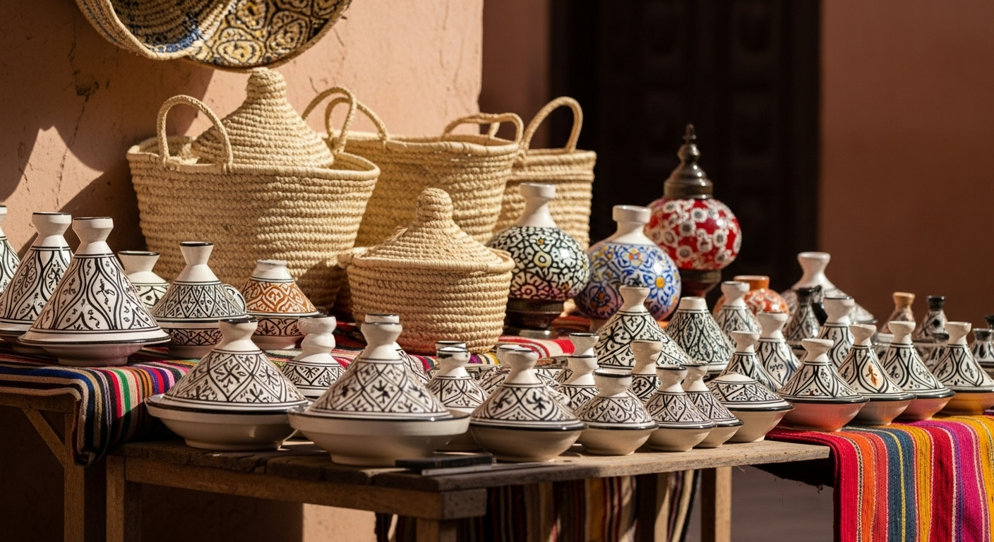 Display of traditional North African handicrafts, including patterned ceramic tagines, woven baskets, and colorful lamps on a striped textile-covered table in warm natural sunlight.