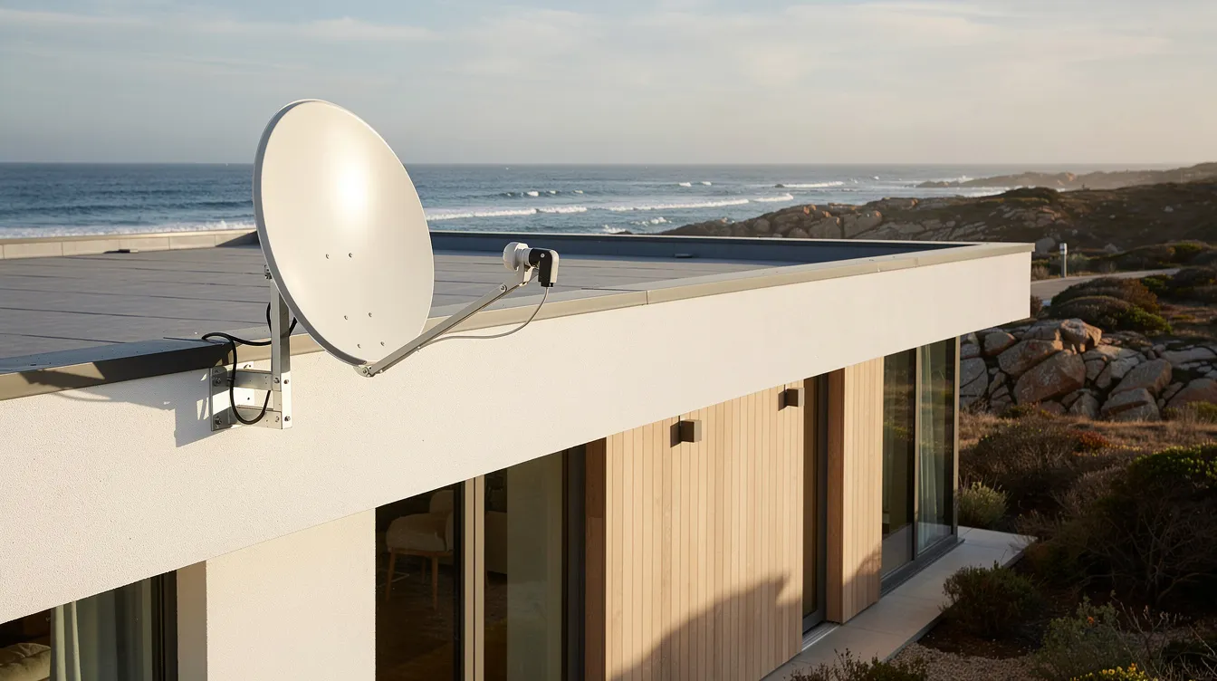 A satellite dish is mounted on the roof of a modern coastal home, with the sparkling ocean visible in the background, highlighting the installation for optimal DSTV reception. This setup reflects the professional DSTV installation services available in Fresnaye, ensuring uninterrupted entertainment.