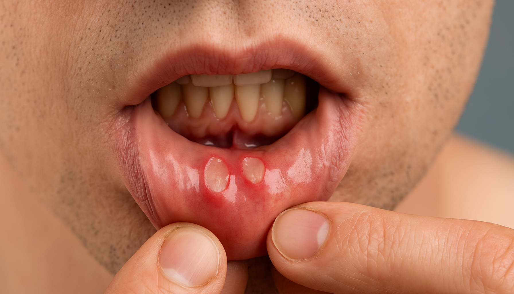 Nærbilde av underleppe med tre smertefulle blemmer, rød betennelse rundt sår og synlige tenner i bakgrunn.