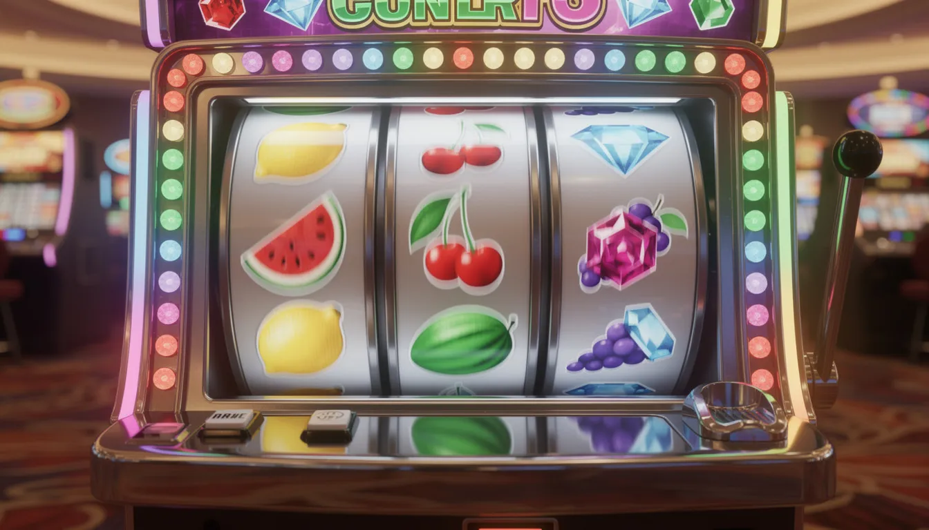 93 Jili Casino hero image showing a vibrant slot machine with fruit and gem symbols on spinning reels.