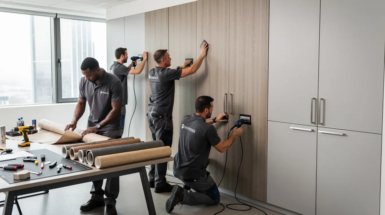 A team of installers is collaboratively applying a vibrant architectural surface wrap to modern office cabinetry, showcasing their expertise in enhancing the aesthetic appeal of commercial properties. This hands-on experience reflects the growing demand for quality service providers in the home improvement industry.