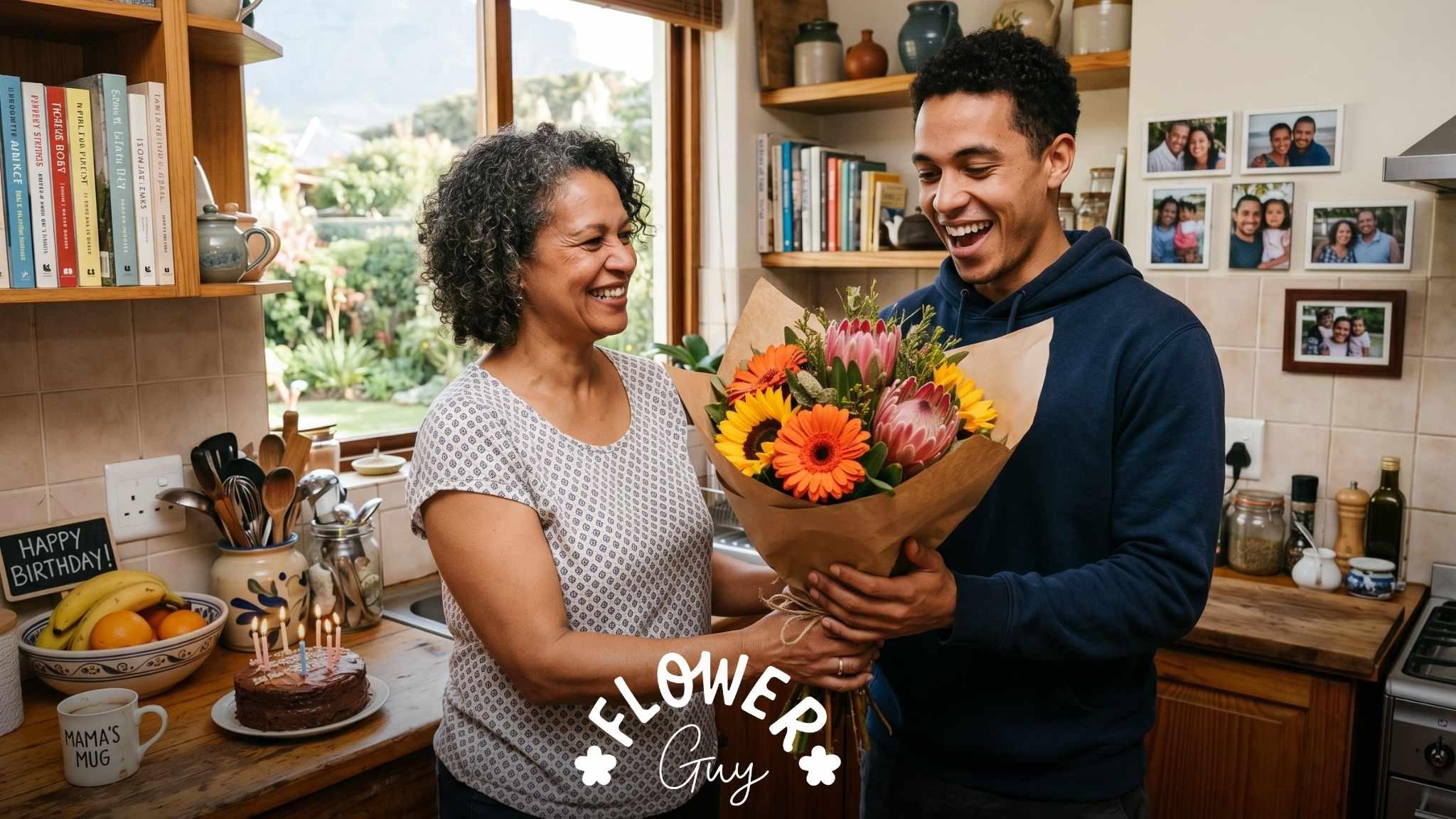 South African mum gives her adult son a sunflower and protea bouquet with happy birthday messages and a chocolate cake in a Cape Town kitchen