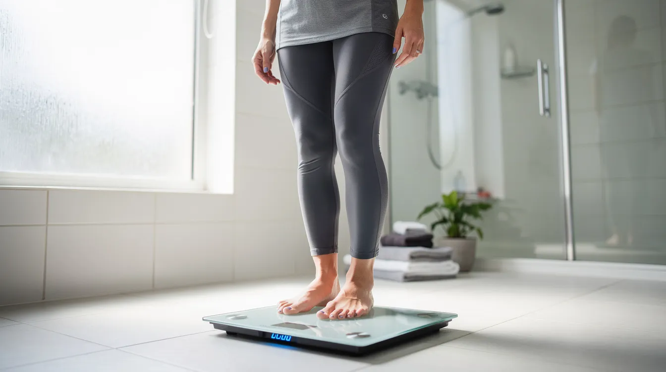 A person in athletic clothes is stepping onto a scale in a bright bathroom, reflecting their journey of weight loss. The image captures the moment of assessing their progress, which may include concerns about loose skin after weight loss and skin elasticity.