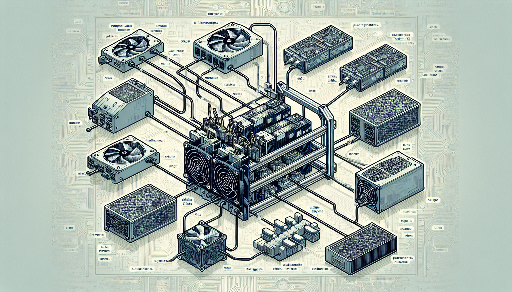 A diagram illustrating essential hardware components for cryptocurrency mining.